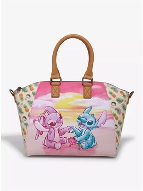 Loungefly Pink & Blue Lilo & Stitch Sunset Tote with Tan Handles